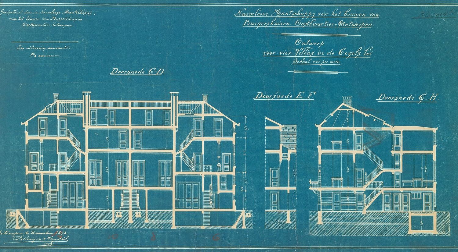 Historischer Blaupausen-Bauplan mit Schnittzeichnungen mehrerer Stadthäuser und Maßangaben