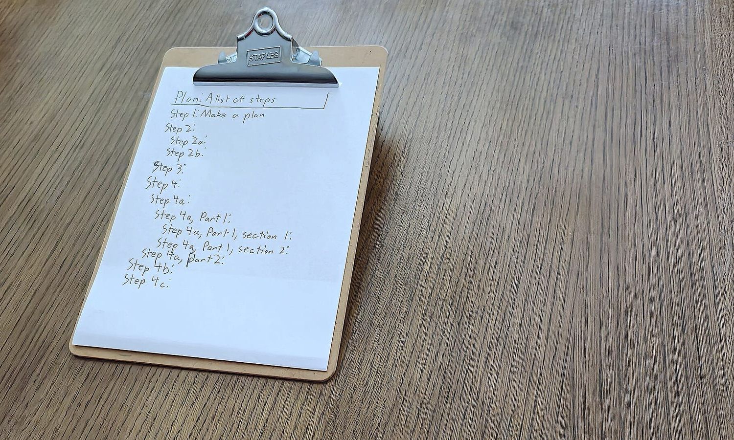 Klemmbrett mit handschriftlicher Schrittliste „Plan: A list of steps“ auf einem Holztisch