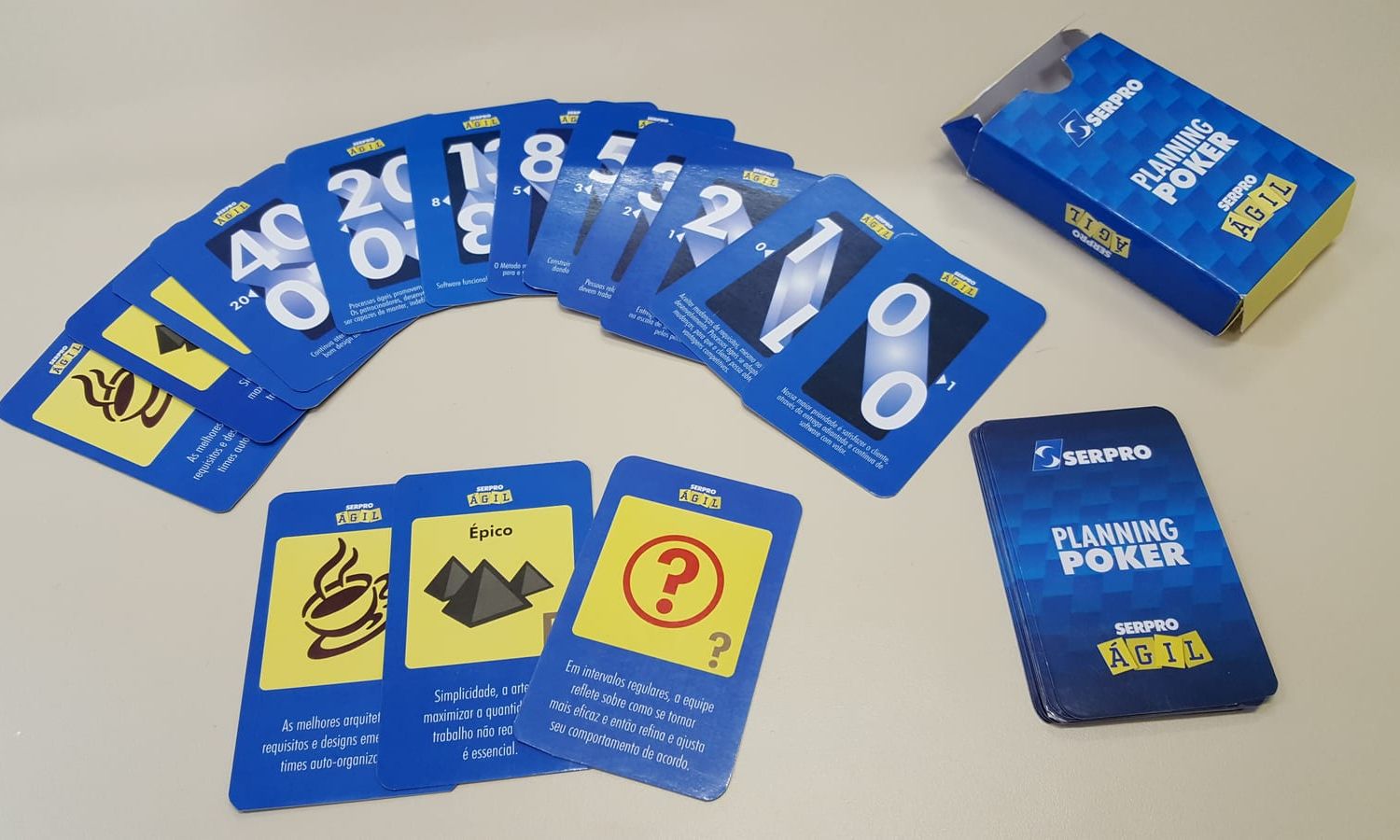 Planning-Poker-Karten mit Fibonacci-Zahlen, Kaffeetasse und Fragezeichen auf einem Tisch