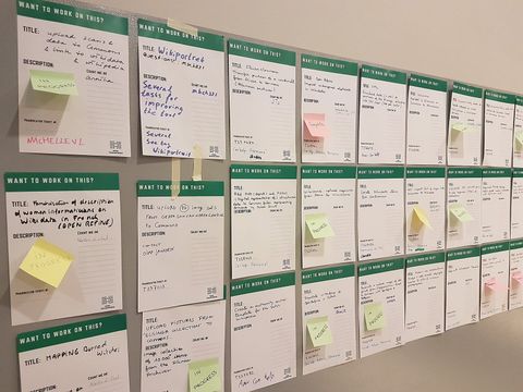 Aufgabenkarten an einer Wand mit Haftnotizen „In Progress“ und „Complete“